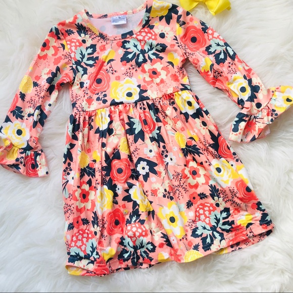 Coral ant Navy Yellow Florals Bell Sleeve Dress - Picture 2 of 5